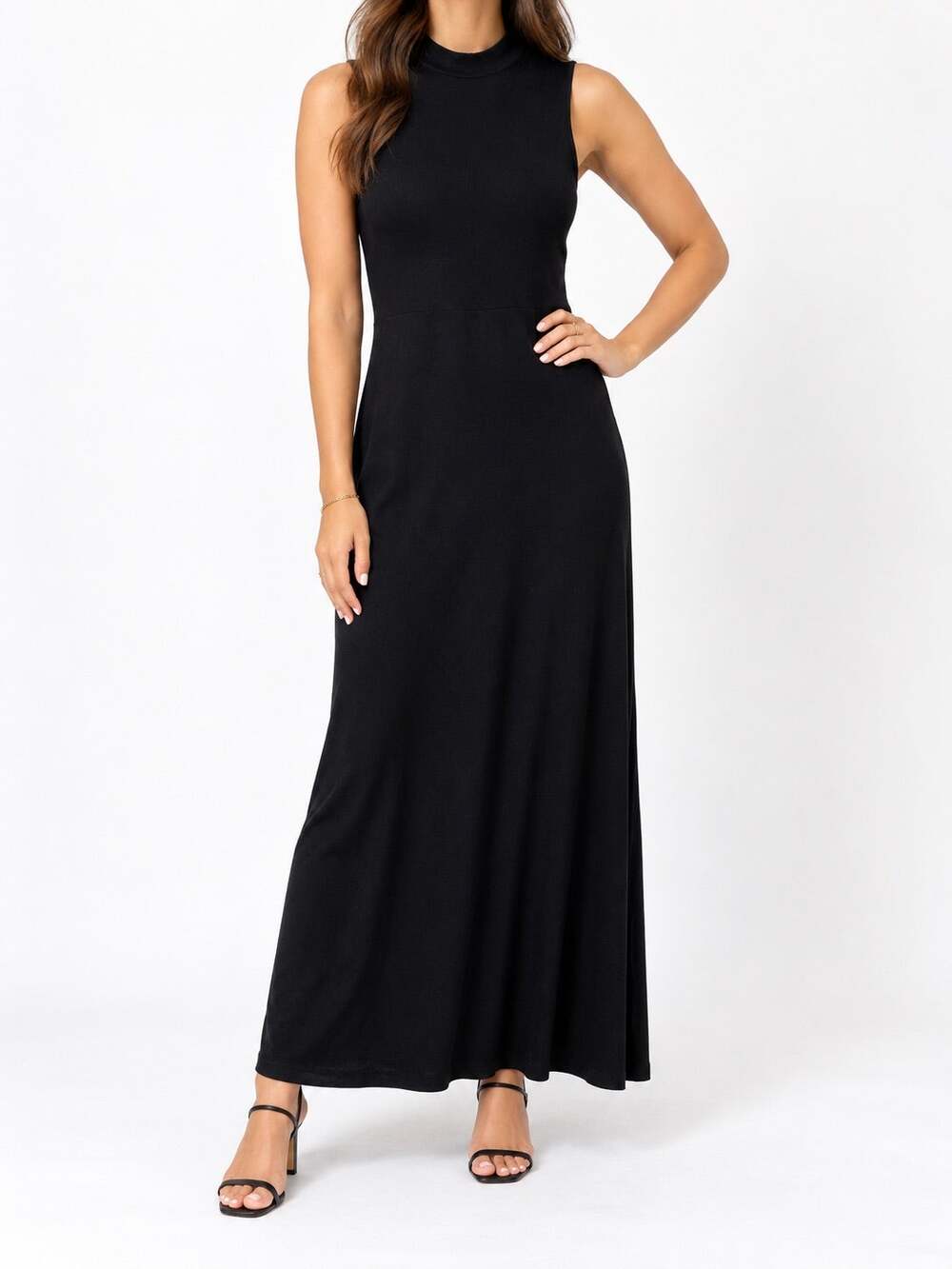 Who What Wear XS Black Ribbed Knit Mock Neck Tie Back Sleeveless Maxi Dress